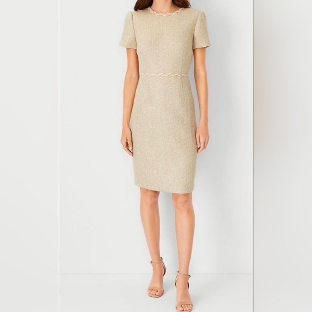 Anne Taylor Beige & Gold Woven Sheath Dress | Size 12